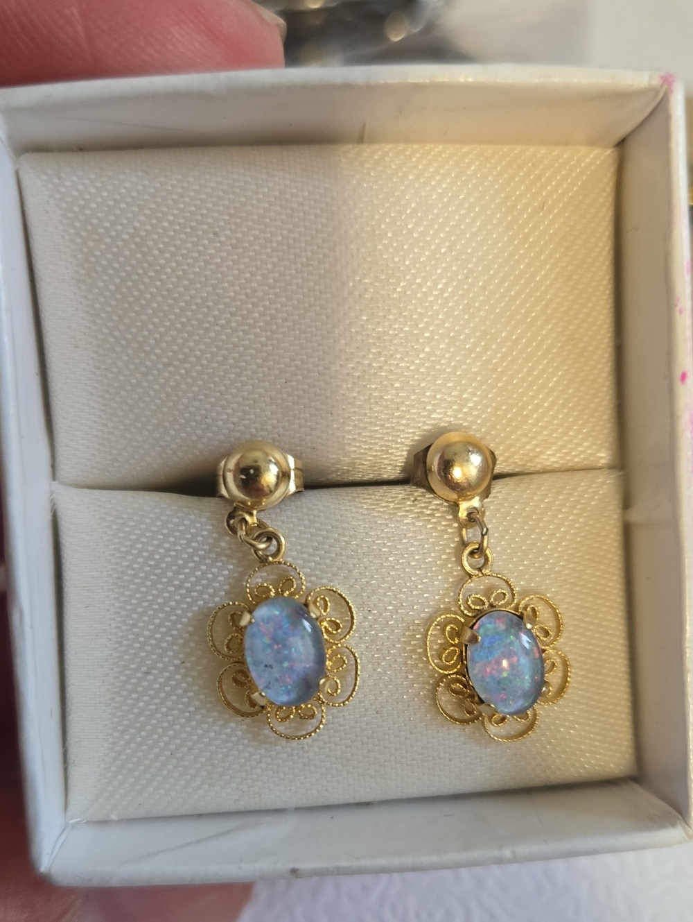 Gold Floral Drop Earrings with Opal Accent - Blue Opal